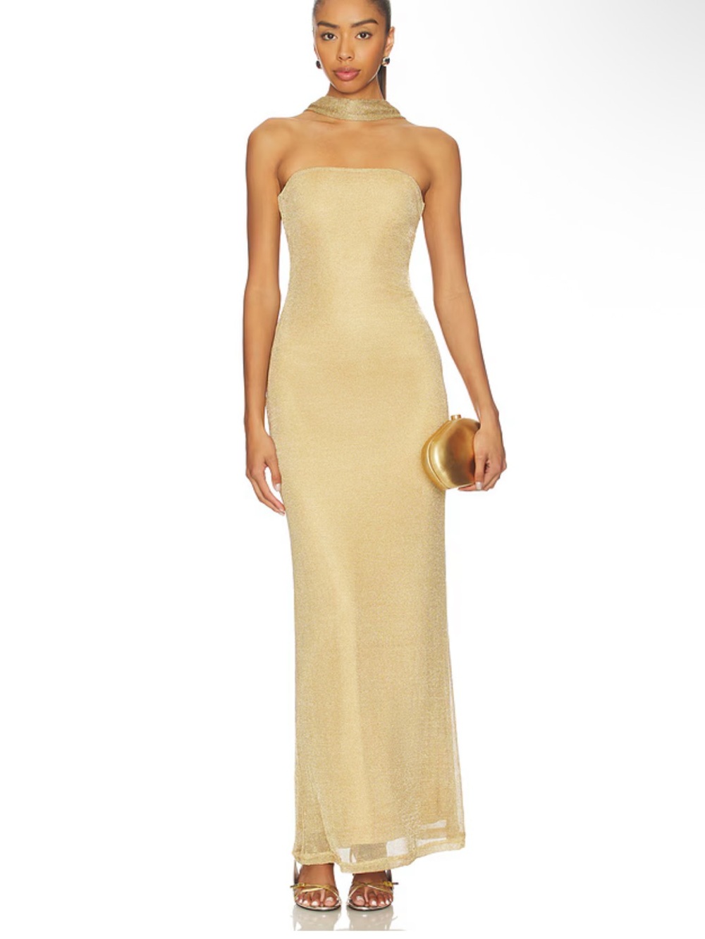 Tiger Mist Revolve Gold Strapless Metallic Gown with Choker Neck sash